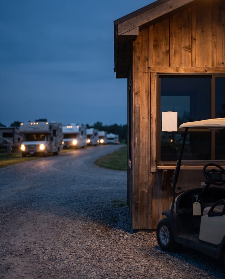 A campground check-in window at dusk seen from the car park, a line of RV headlights waiting on the gravel road, a golf cart parked by the window with a blank tag on its key, a paper rules sheet taped to the glass.
