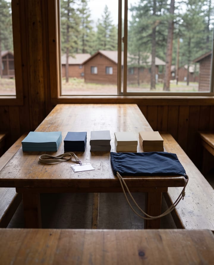 A camp dining hall table with five neat stacks of forms in different colours, a lanyard with a blank name badge and a small drawstring bag, cabins among the pines through the window.