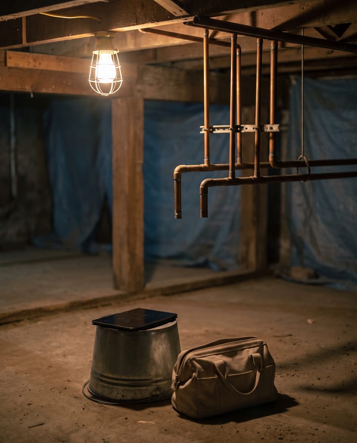 An unfinished basement lit by one work lamp: copper pipes half installed overhead, a dark tablet on an upturned bucket and a tool bag on the concrete floor.