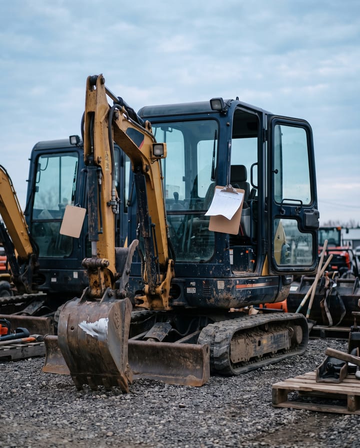 Two compact excavators in a rental yard, a paper rental form on a clipboard hooked to a cab door, a scraped bucket in front.