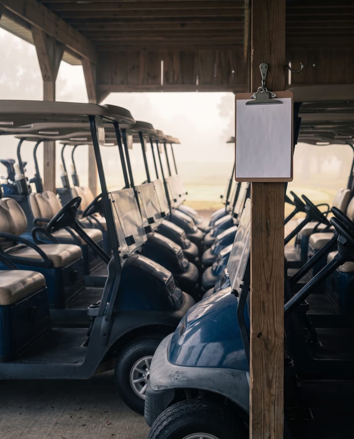 A row of golf carts under a timber cart barn at first light, a clipboard with a blank sign-in sheet hanging from a post.