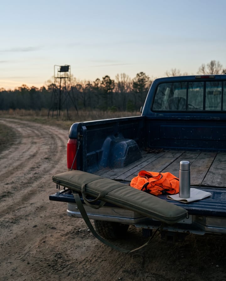 The open tailgate of a pickup on a dirt track at first light: a rifle case, a blaze-orange vest, a paper folded under a thermos, a tree stand at the treeline behind.