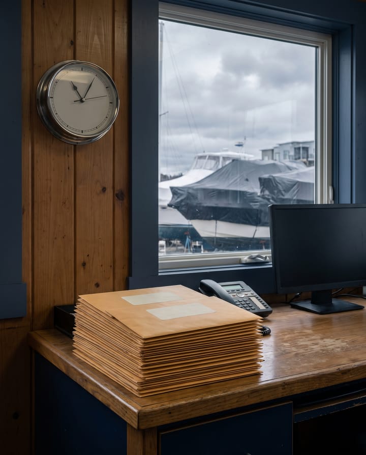 A marina office desk: a tall stack of manila envelopes with blank labels, a wall clock, a desk phone and a dark monitor, boats under winter covers through the window.