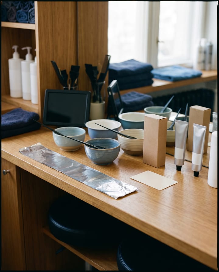 A salon colour bar: mixing bowls and brushes, a strip of foil, a plain box beside tubes of colour, a blank card, folded towels on the shelf.