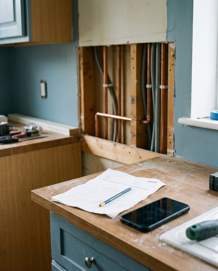A kitchen mid-renovation: an open wall with new copper pipework, a pencil on a paper estimate and a dark phone on the counter.