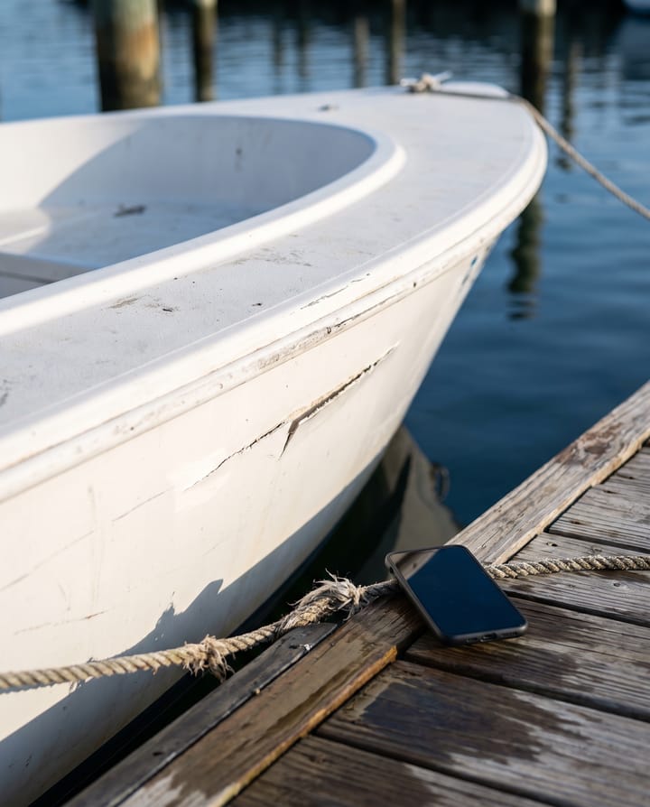 Close on the white hull of a rental boat at the dock with a fresh scratch along it, a dark switched-off phone lying on the dock boards beside it, reflections of water.