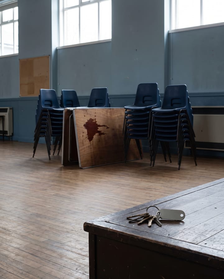 An empty community hall the morning after a party: stacked chairs, a folding table with a wine stain, a ring of keys on a blank fob left on the edge of the stage.