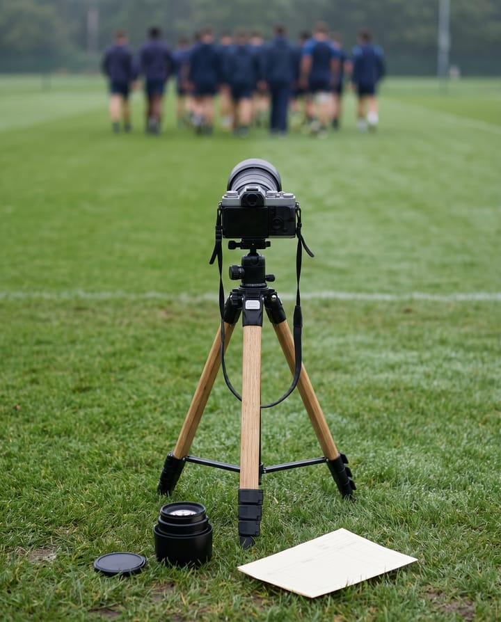 A camera on a tripod at the edge of a sports field, a lens and a paper release form on the grass, players far off and blurred with their backs turned.