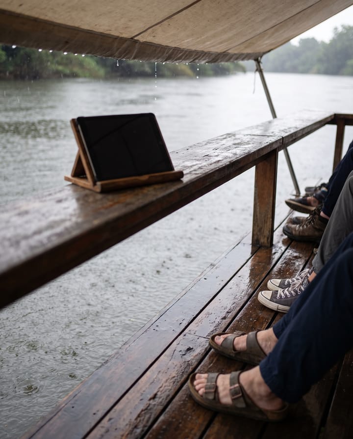 A tablet with a dark screen on a counter stand under a riverside awning in the rain, and beside it a line of people's feet in sandals and trainers waiting on the wet deck.