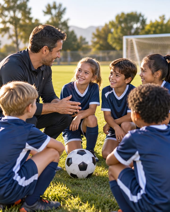 A coach crouching on a grass pitch, talking to seven children in navy football kit sitting around him in a circle, with a ball between them and a goal behind.