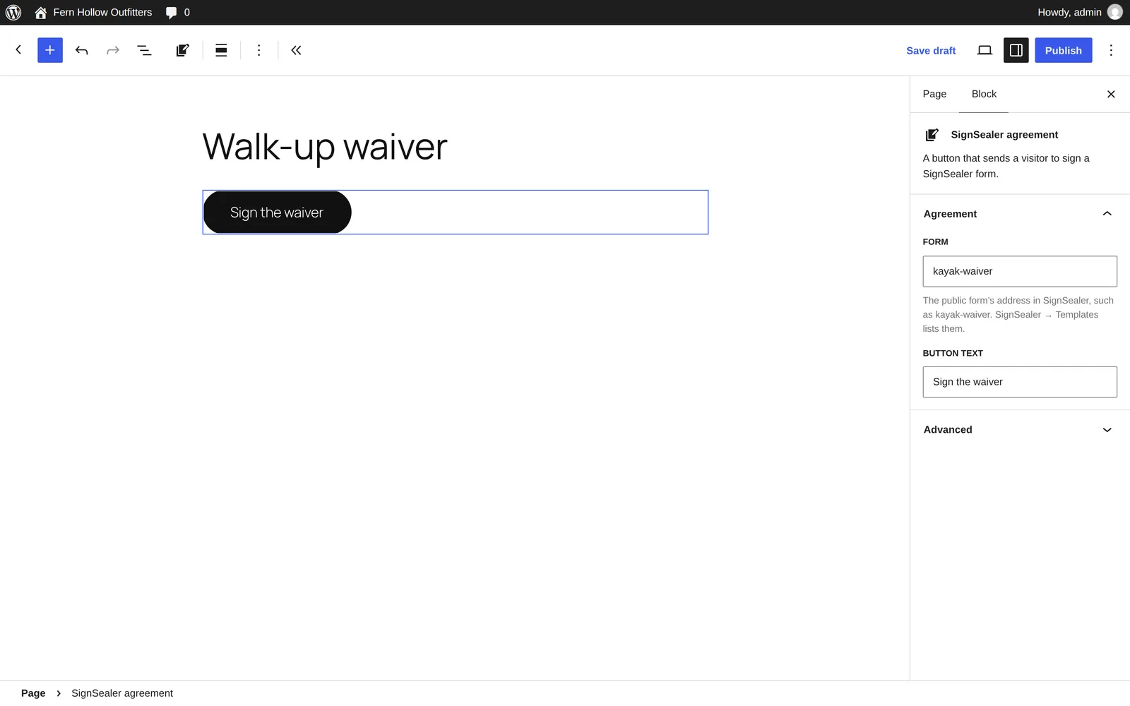 The SignSealer agreement block on a page in the block editor, with its Form and Button text settings.