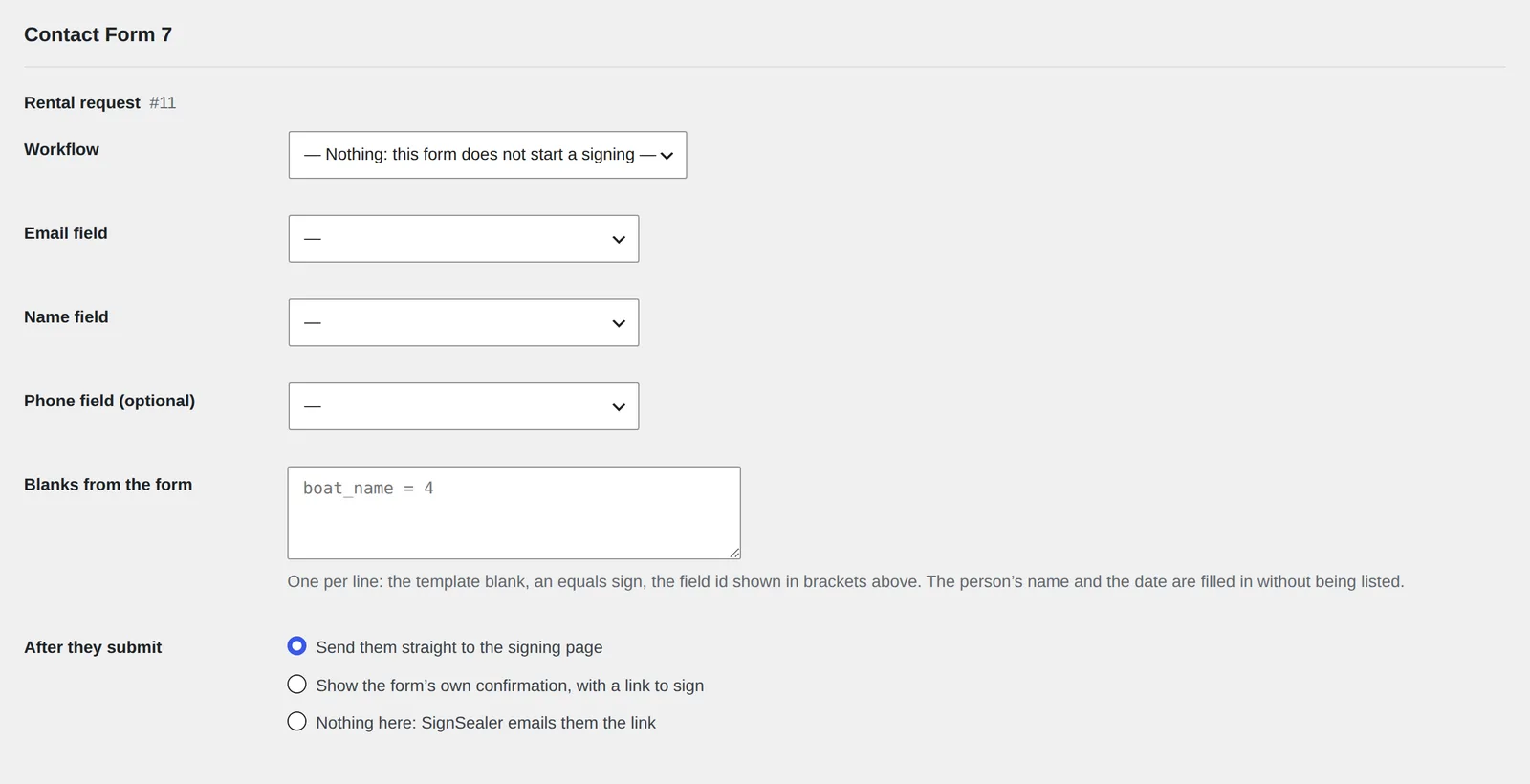 SignSealer → Forms: the Contact Form 7 heading and its form, not yet starting a signing.
