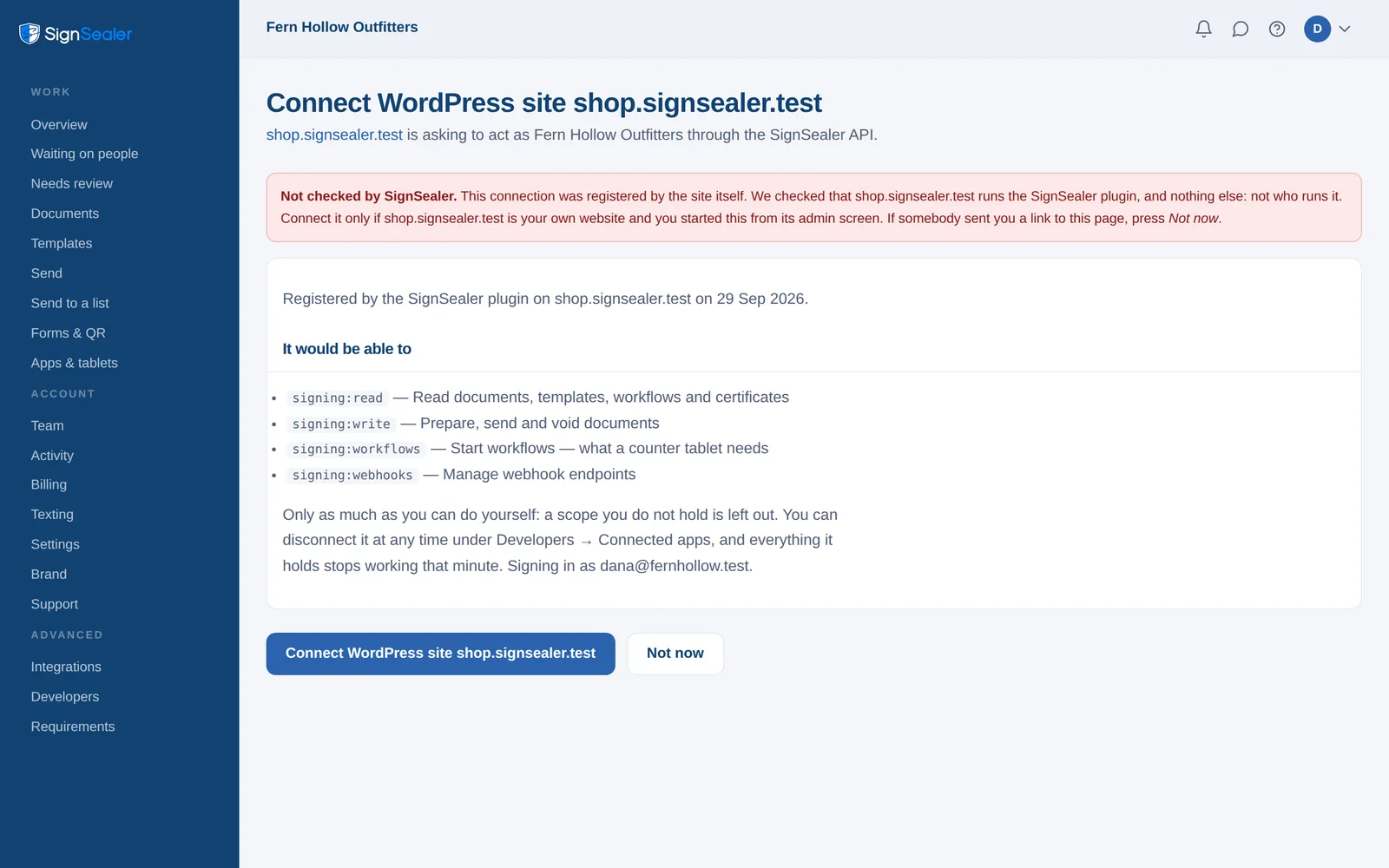 SignSealer's consent screen, naming the WordPress site and what it will be allowed to do, with the button to approve.