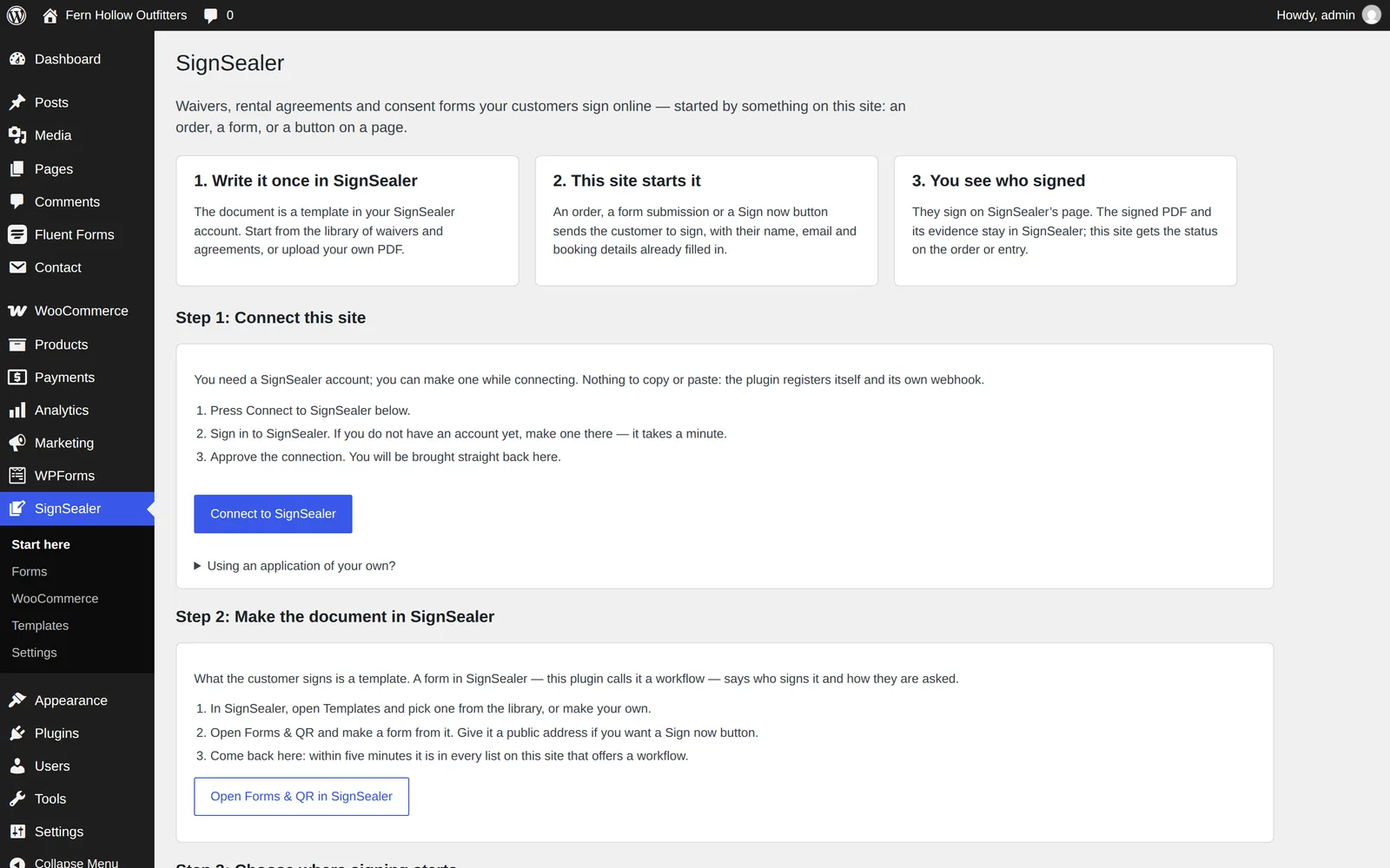 SignSealer's Start here page in WordPress before connecting: what SignSealer is in three steps, and the Connect to SignSealer button.