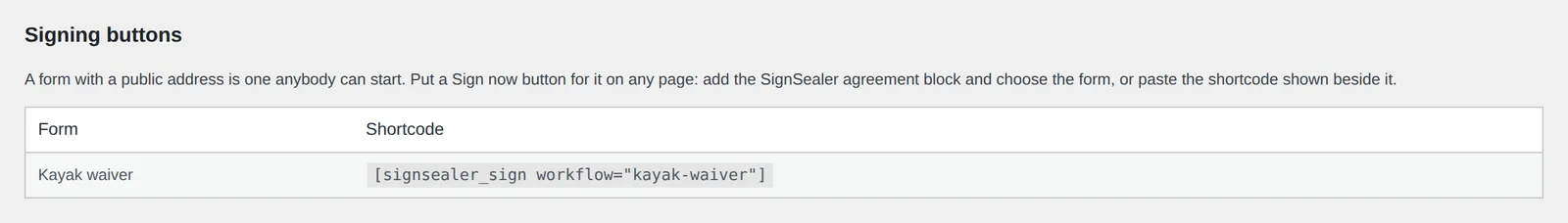 SignSealer → Templates listing the form with a public address beside its shortcode.