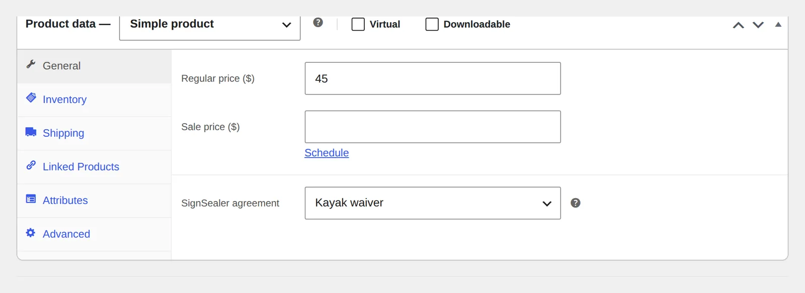 A WooCommerce product's General tab with the SignSealer agreement set to Kayak waiver.