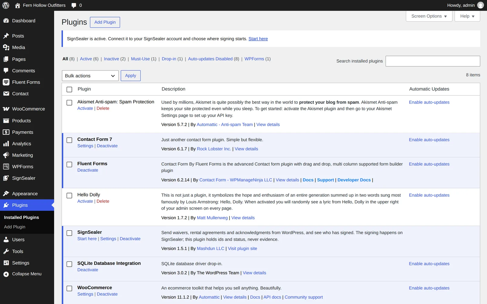 The WordPress plugins screen with SignSealer activated, its Start here and Settings links, and a notice pointing to Start here.