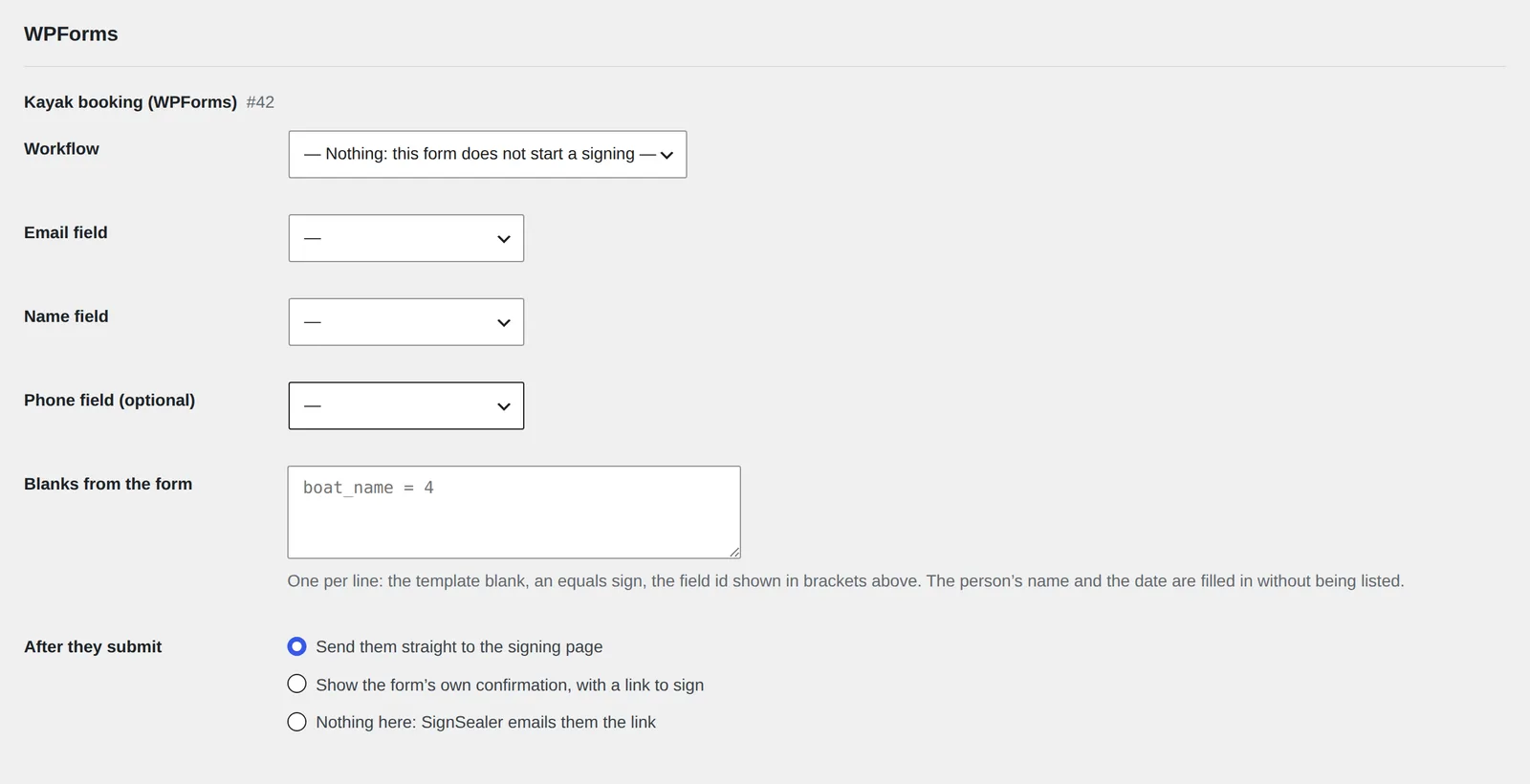 SignSealer → Forms: the WPForms heading and its form, not yet starting a signing.